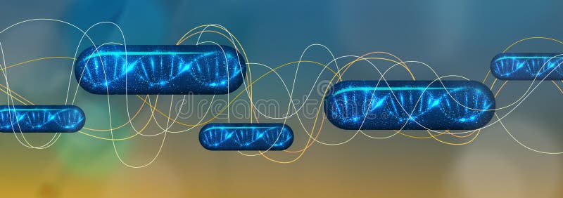 Capsules with DNA molecule on background, banner design. Illustration