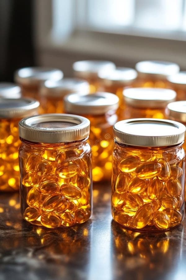 Capsules filled with omega-3 oil and vitamins are neatly arranged in clear jars, creating a visually appealing display stock image