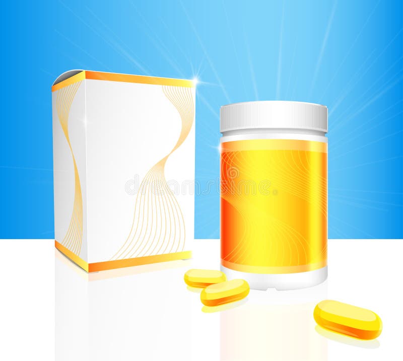 Capsules molles de gel avec l'emballage de bouteille et de boîte d'or illustration libre de droits Capsules molles de gel avec l'emballage de bouteille et de boîte d'or illustration libre de droits