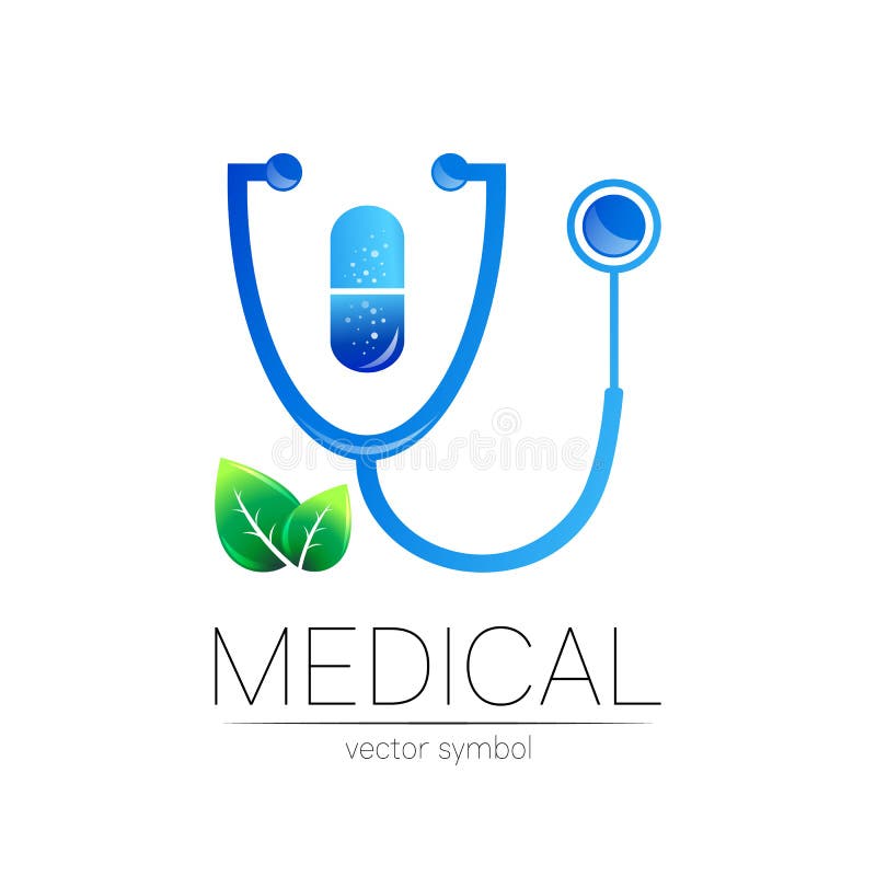 Capsulă cu stetoscop cu siglă de tip frunză în culoarea albastră. simbolul medical al spitalului medical și royalty free illustration