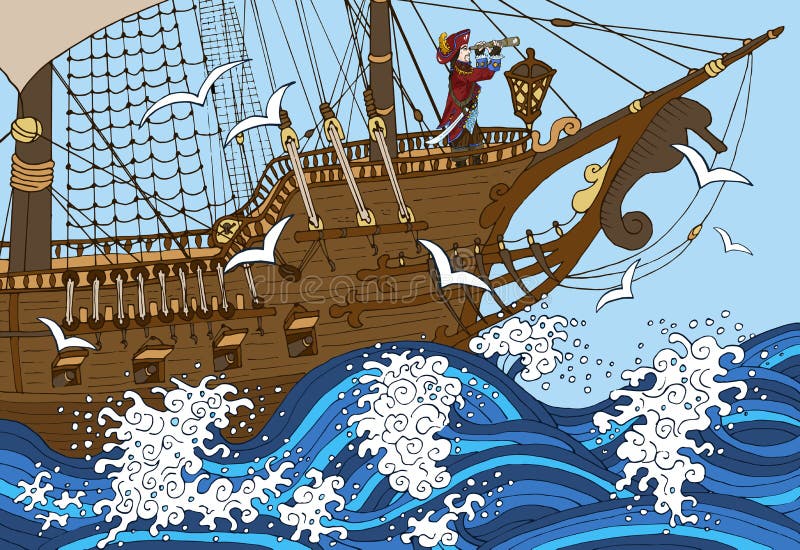 Captain le long verre de observation sur la plate-forme de bateaux dans la tempête illustration libre de droits Captain le long verre de observation sur la plate-forme de bateaux dans la tempête illustration libre de droits