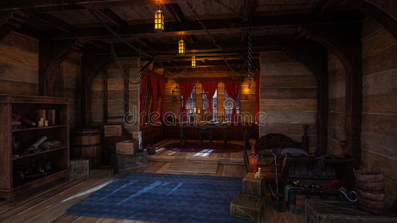 Captain`s quarters in old wooden pirate ship with treasure chest on the floor and map on table by window. 3D rendering