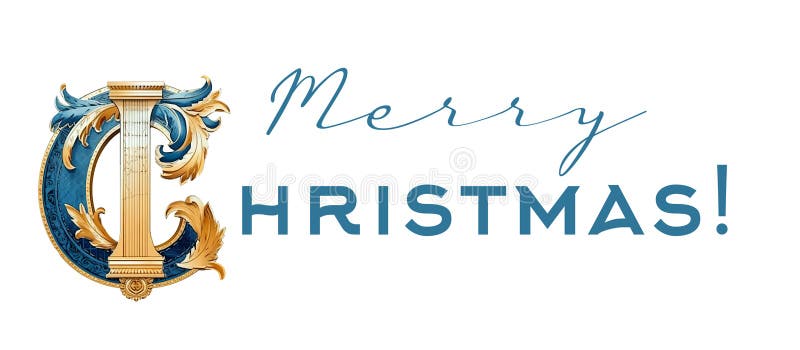 Caption Merry Christmas with ornate capital C letter, generative AI. stock illustration