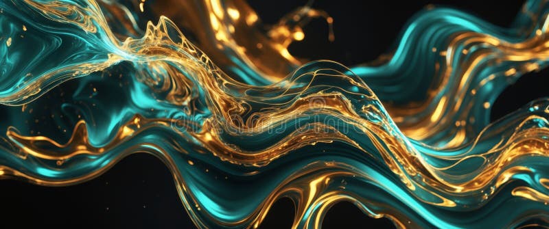 Captivating abstract liquid plasma creating golden and teal swirls for a dynamic and visually stunning backdrop stock photo