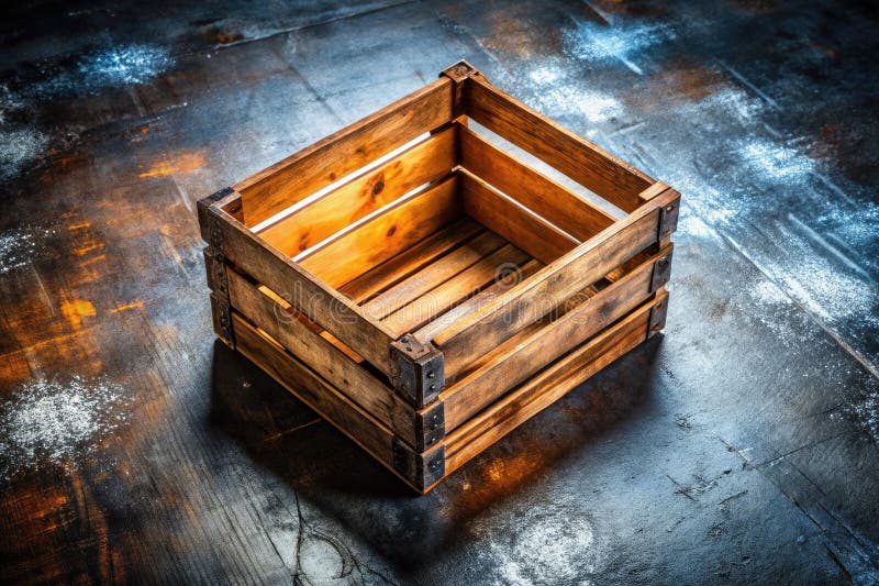 Stunning Aerial Drone Shot of a Weathered Wooden Crate on a Reflective Silver Background HighQuality Image for stock illustration