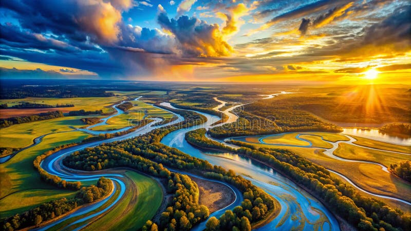 A mesmerizing aerial view of abstract swirling blues and golds creating a breathtaking landscape of dynamic movement stock illustration