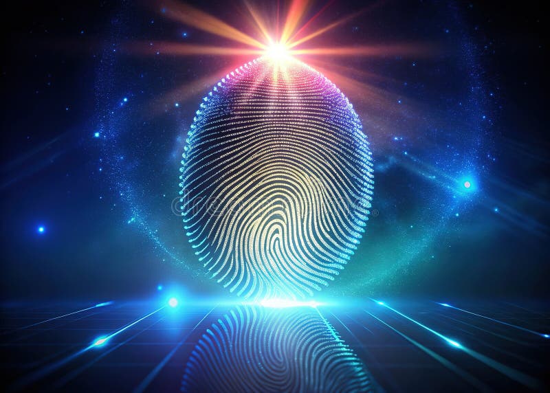 A Futuristic Fingerprint Impression Abstract AI Portrait on a Glowing Digital Screen Capturing the Essence of Modern stock illustration
