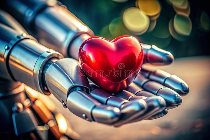 A Touching Symbol of Artificial Affection AIGenerated Image of a Robotic Hand Tenderly Holding a Red Heart stock illustration