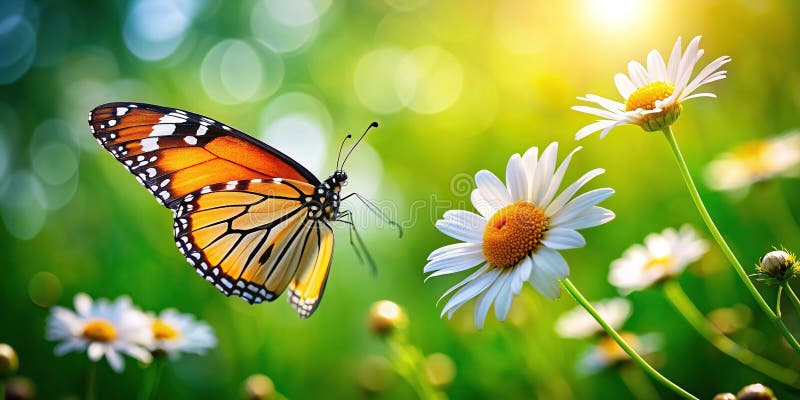 Stunning CloseUp of a Plain Tiger Butterfly on a Daisy Vibrant Spring Meadow Photography stock illustration