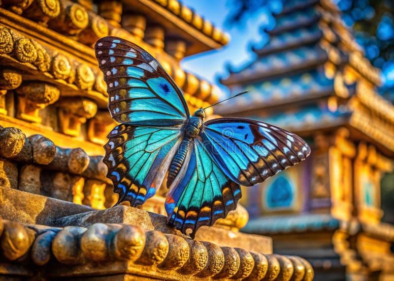 Exquisite Western Ghats Blue Tiger Butterfly on Intricate Architectural Ornamentation A Stunning Closeup of Natures vector illustration