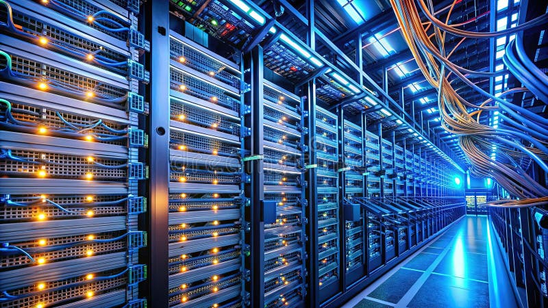 Modern Data Center Infrastructure Sleek Servers Blinking Lights and Efficient Information Flow vector illustration