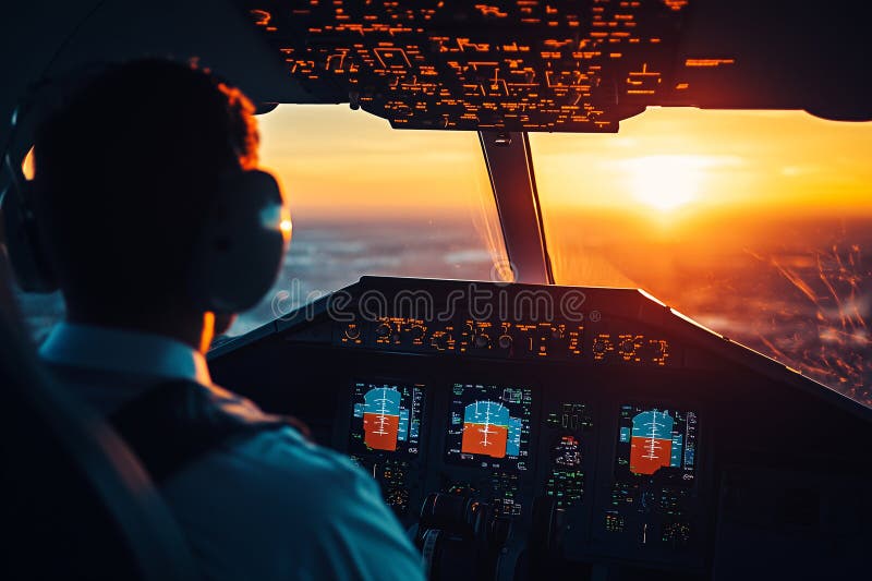 A captivating cockpit view by a pilot during a sunset flight, showcasing beautiful scenery. Generative AI stock photos