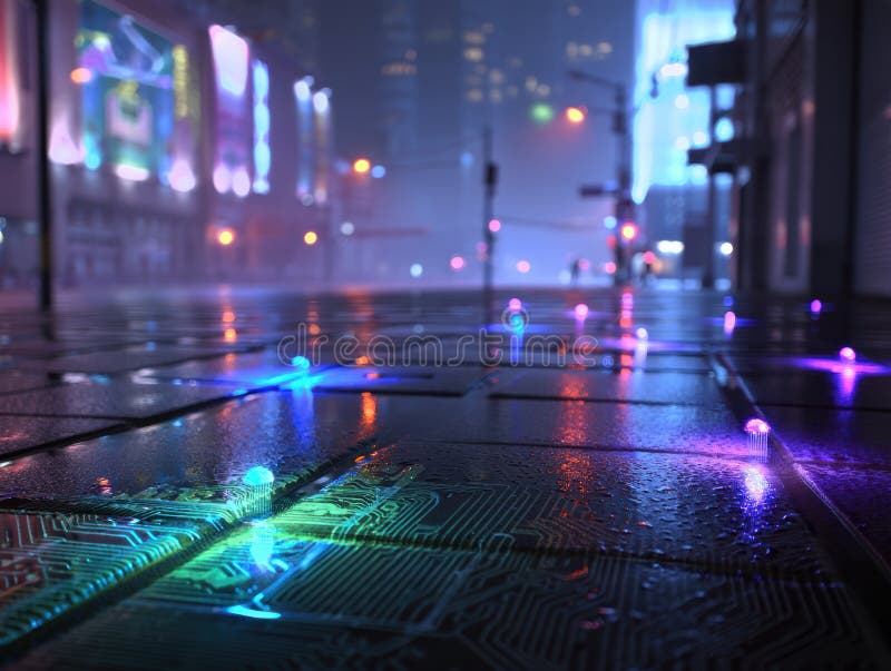 Cyberpunk Cityscape with Circuit Board Pavement stock illustration