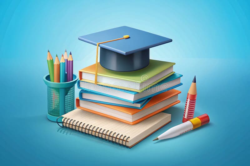 Celebrating Academic Achievement A 3D Render of Graduation Books and Cap Symbolizing Educational Success and Future vector illustration