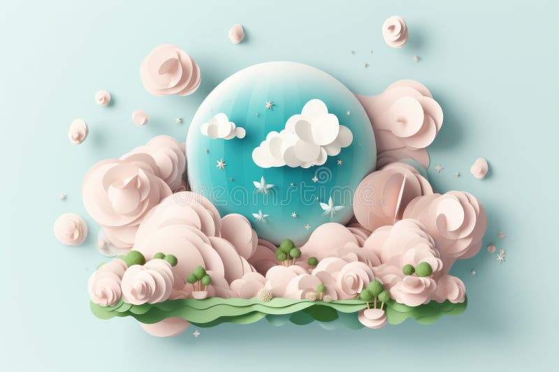 Captivating digital illustration featuring a globe adorned with ethereal pink clouds and a lush forest. Ideal for imagin royalty free stock images