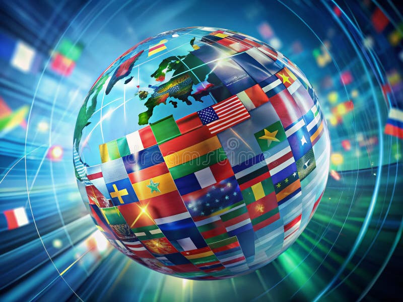 Interconnected World A Stunning Double Exposure of Global Flags and Continents Showcasing the Power of International stock illustration