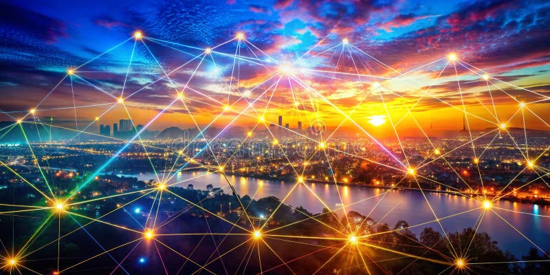 Intricate Network of Glowing Nodes and Lines A Double Exposure Visualizing Digital Connectivity and Data Flow royalty free illustration