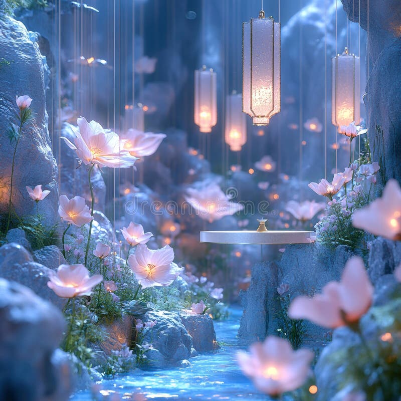 A captivating, dreamlike image of a magical floating island with glowing lanterns and flowers The scene features a stock photo