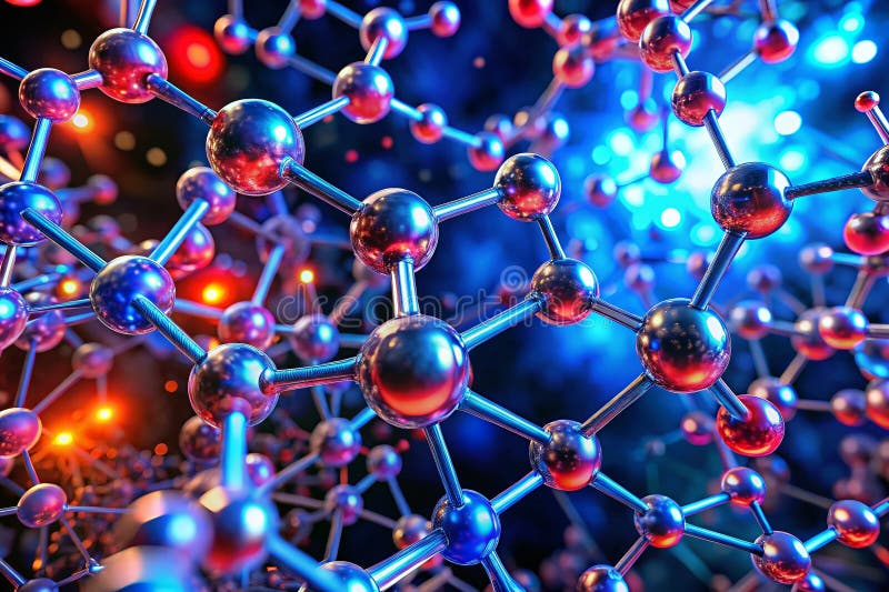 molecular structure diagram created with AI blocks showing chemical bonds with blue and red atoms