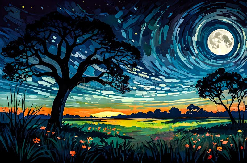 A captivating fantasy moonlit scene filled with glowing colors stock photography