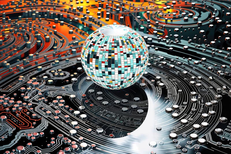 Circuit board and disco ball. 3d rendering, 3d illustration. , generative ai stock illustration