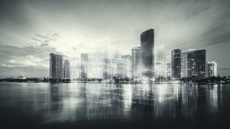 Futuristic urban landscape with illuminated digital structures royalty free stock photography