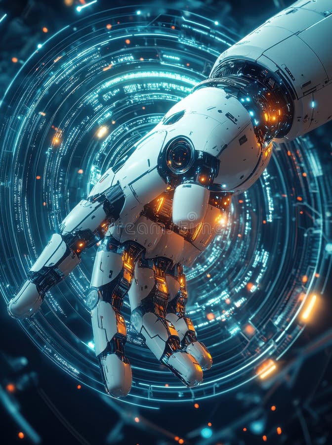 Futuristic digital art poster featuring a robotic hand in a glowing high-tech environment with a focus on artificial royalty free stock images