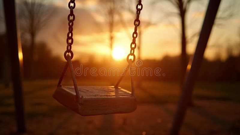 A captivating glimpse of a serene playground scene featuring an empty swing set bathed in the warm, golden light of the setting sun. A nostalgic evocation of childhood tranquility and peaceful solitude, evoking a sense of calm contemplation. Nostalgic image video