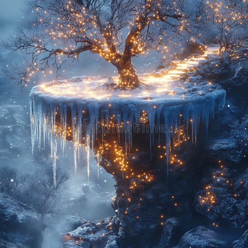A captivating, high-resolution image showcasing an ethereal tree surrounded by icicles and snowflakes in a cold yet stock image
