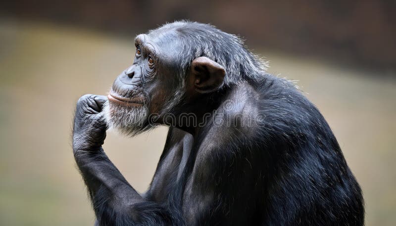 Chimpanzee in Dreamland A Contemplative Chimp Sits Thoughtfully with Fist Under Chin amidst a Surreal Landscape, Bathed in Soft stock illustration