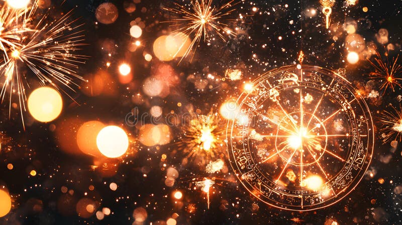 Mystical Astrology Zodiac Wheel with Sparkling Fireworks and Festive Lights royalty free illustration.
