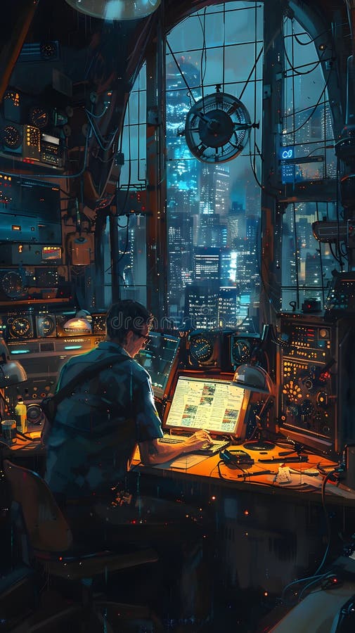 Futuristic Workspace Overseeing Urban Landscape at Night royalty free stock image