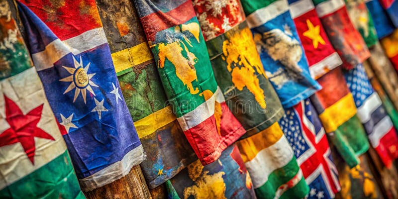Global Unity Through Worn Flags A Powerful Portrait of Shared Humanity Captured in a Stunning Photographic Masterpiece vector illustration