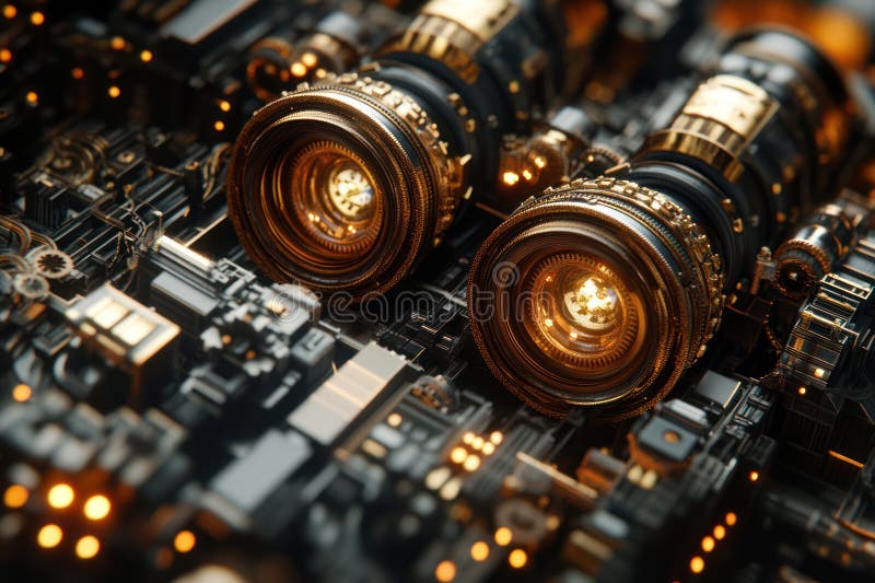 Steampunk Metropolis: Closeup View with Ornate Binoculars and Amber Glow. Intricate Victorian Era meets futuristic vibe. stock illustration