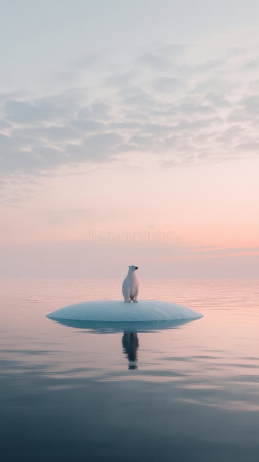 A serene scene of a dog resting on a floating island. The calm waters reflect the gentle colors of the sky. Tranquility stock images