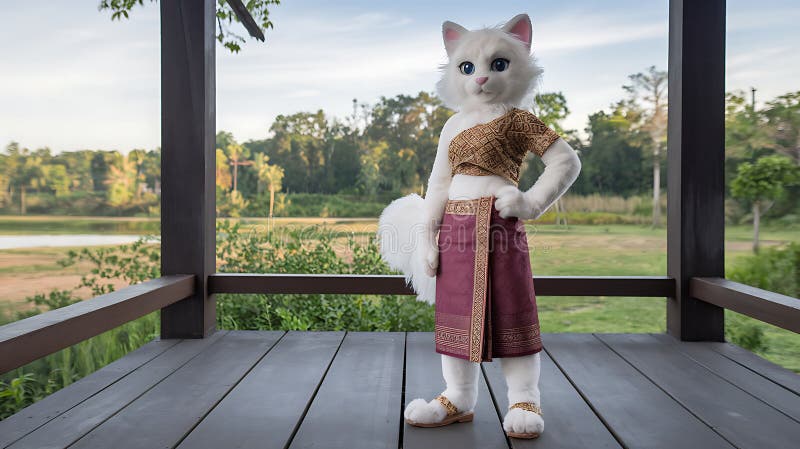 A full-body photo of an elegant anthropomorphic white cat dressed in traditional attire posing gracefully in a scenic outdoor royalty free illustration