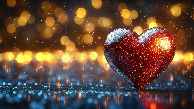 Sparkling Red Glitter Heart on Shimmering Blue Surface with Bokeh Lights royalty free illustration.