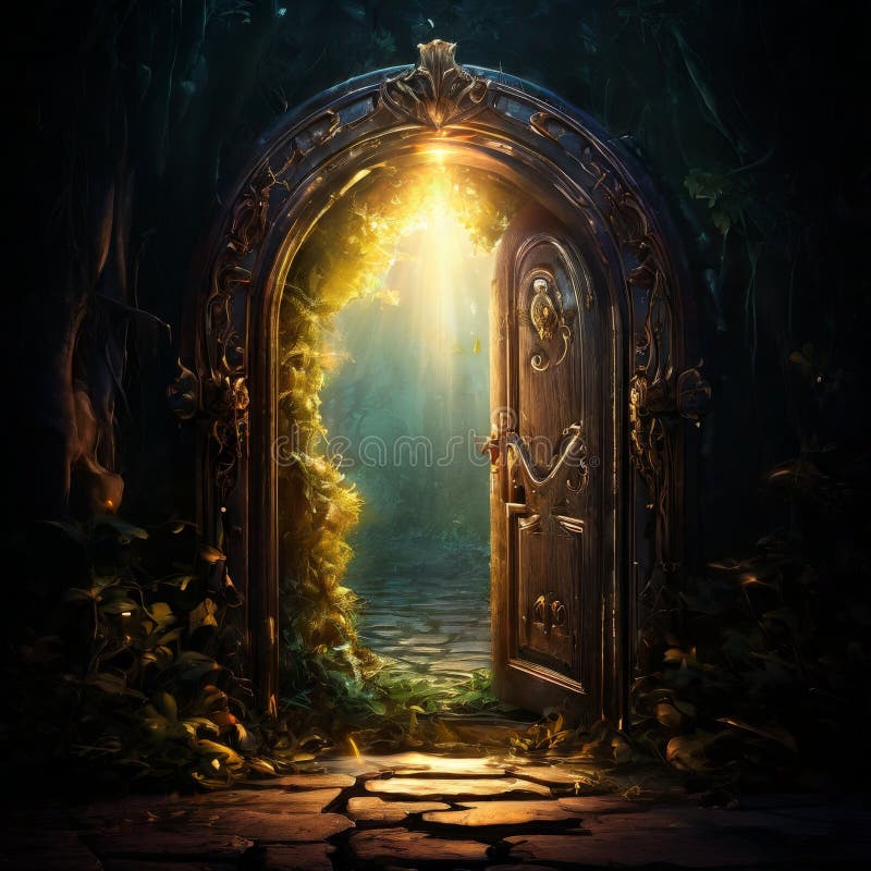 Enchanted doorway in a mystical forest with sunlight rays. A captivating image of an ornate doorway standing open in a mystical forest, with sunlight streaming through the trees. The golden light and lush greenery create a magical and inviting scene, suggesting adventure and hidden secrets. AI generated