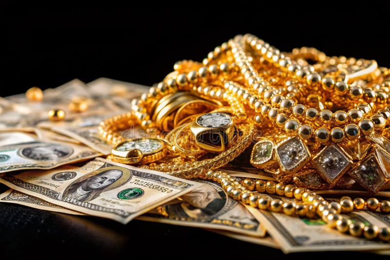 Sparkling Gold Jewelry and a Towering Stack of Dollars A Symbol of Wealth and Prosperity