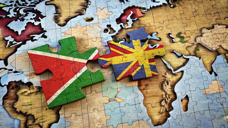 Global Interconnectedness A Jigsaw Puzzle of UK and Zimbabwean Flags on a World Map Illustrating International vector illustration