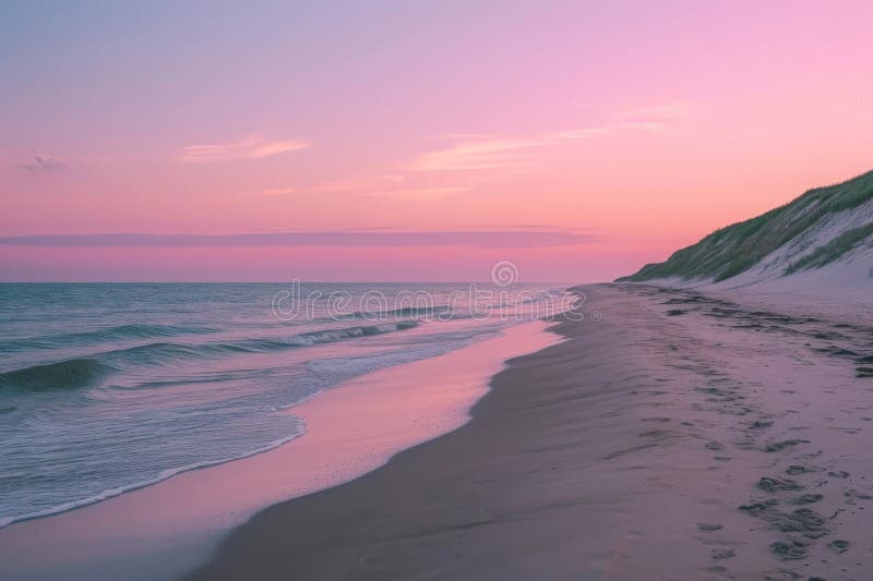 A captivating image of a sandy beach showcasing numerous footprints imprinted in the sand, Soft gradients embodying a calm beach during twilight, AI Generated.