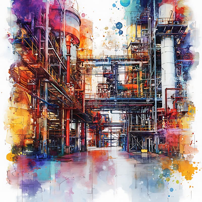 Abstract Watercolor Painting of Industrial Refinery Pipes and Machinery A colorful artistic rendering of a complex industrial stock illustration