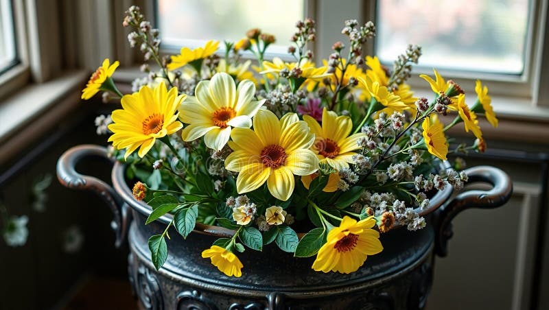 Rustic Charm A Stunning Arrangement of Yellow and Silver Flowers in an Antique Iron Cauldron Perfect for Autumn vector illustration