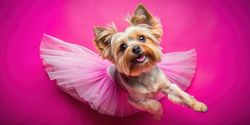 A Whimsical Aerial Portrait of a Fluffy Dog in a Pink Ballet Tutu A Funny and Playful Canine stock illustration