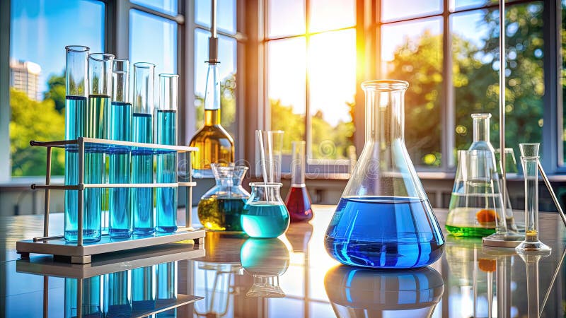 This captivating image showcases a meticulously arranged laboratory setup, bathed in soft, natural light. A single flask, filled with a vibrant blue liquid, sits prominently at the center, surrounded by a diverse array of scientific equipment. The scene evokes a sense of scientific curiosity and meticulous preparation. Various beakers, containers, and measuring cylinders are strategically placed. Erlenmeyer flask burette illustrations