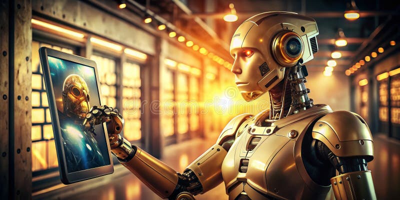 Retrofuturistic Robot Operates a Touchscreen Interface A Timeless SciFi Vision royalty free illustration