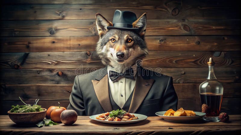 A Culinary Connoisseurs Delight A Stylish Wolf in a Top Hat and Suit Presents Gourmet Food Photography Evoking royalty free illustration