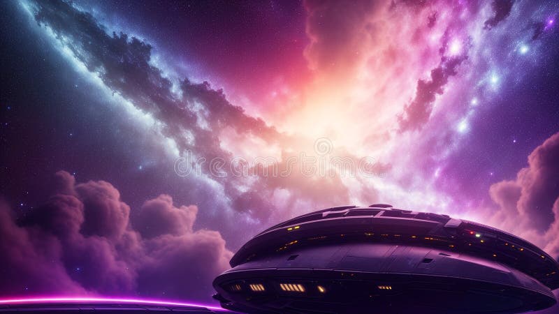 O imagine captivantă a unei nave spațiale care zboară pe cer și generativ royalty free illustration