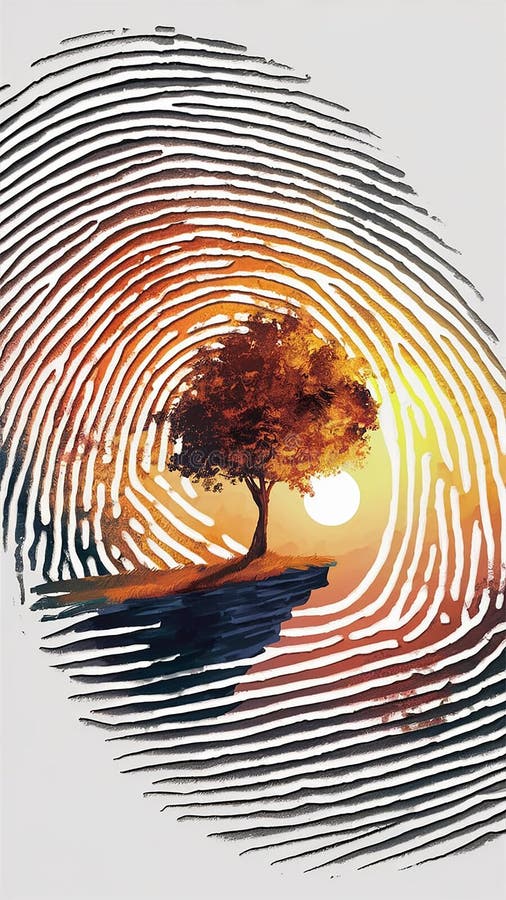 A captivating and innovative artwork that artistically transforms a fingerprint into an enchanting landscape royalty free illustration