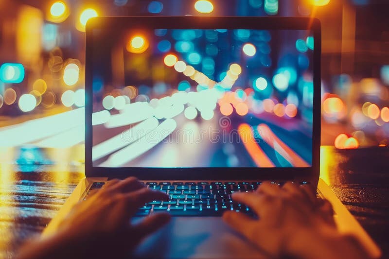 Captivating live cityscape stream on laptop shows seamless tech entertainment integration stock illustration